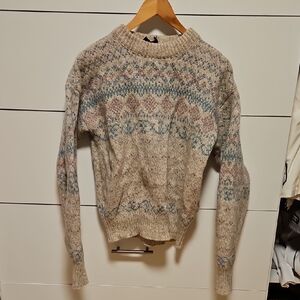 Eddie Bauer Men's Beige and Blue Knit Crewneck Sweater